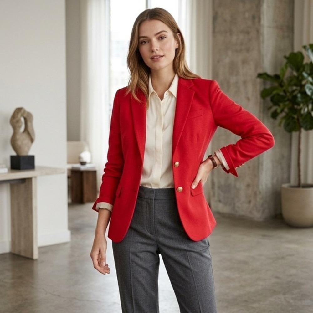 J.Crew Schoolboy Blazer Red Wool Blend Gold Crest Button Jacket Women's Size 0 - Picture 11 of 11